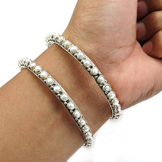 925 Solid Silver Round Natural Pearl June Ethnic Tribal Anniversary Wife Bangle