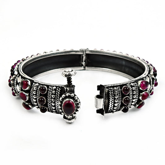 Birthday Gift For Her Natural Garnet Bangle Antique Look Oxidized 925 Silver