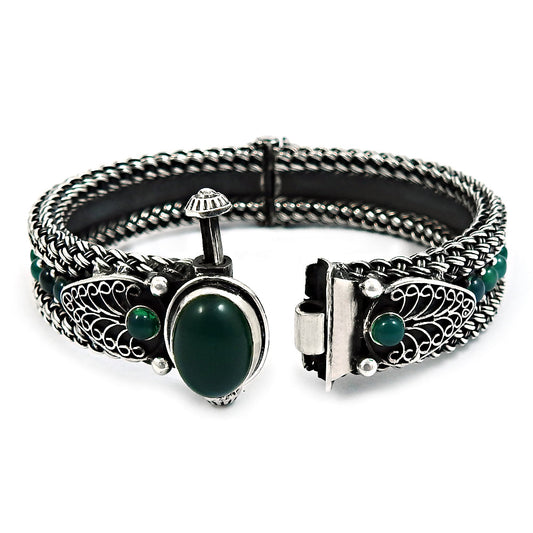 Gift For Women Bangle Antique Look Artisan 925 Silver Natural Green Onyx Gemstone