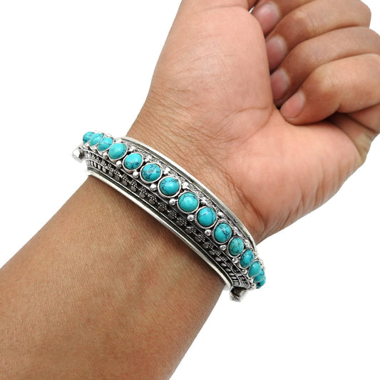 Natural Turquoise Gemstone Artisan Bangle 925 Sterling Silver Ethnic Jewelry J3