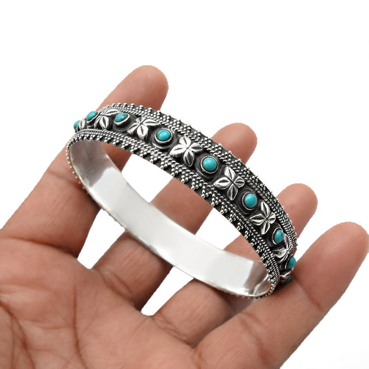 925 Solid Silver Natural Turquoise New Unique Artisan Throat Chakra Bezel Bangle