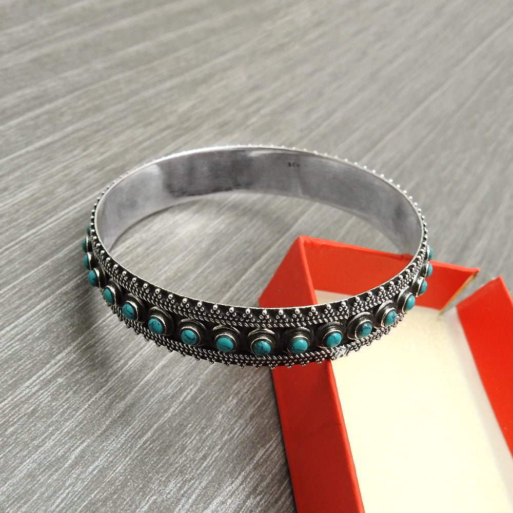 Natural Turquoise Gemstone Bangle Artisan 925 Sterling Silver Indian Jewelry T1