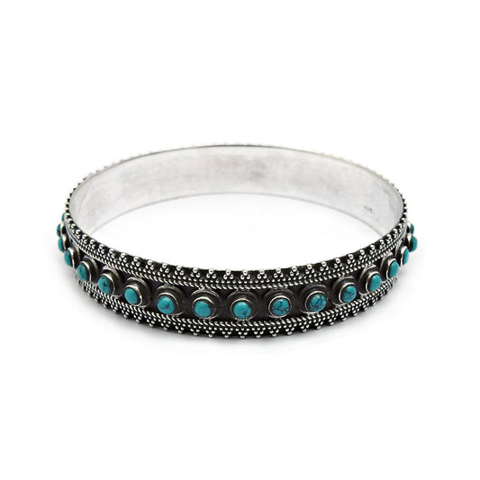 Natural Turquoise Gemstone Bangle Artisan 925 Sterling Silver Indian Jewelry T1