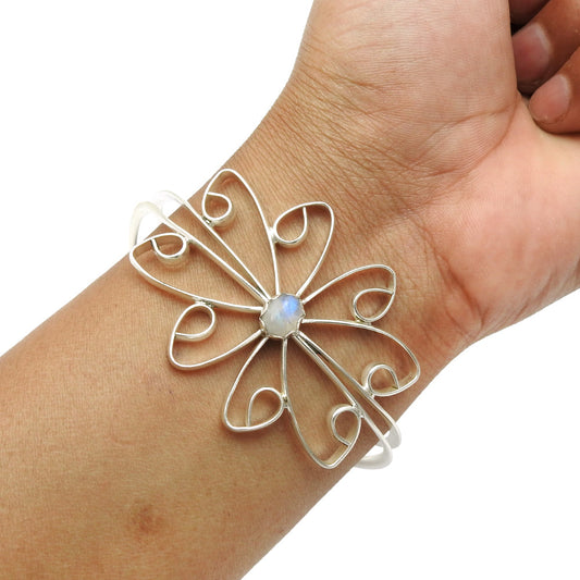 Natural Rainbow Moonstone Gemstone Cuff Flower White Bangle 925 Silver C1