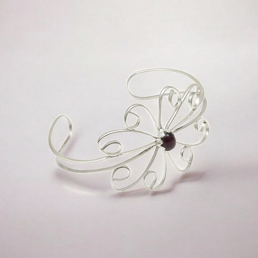 Birthday Gift Cuff Flower Bangle 925 Sterling Silver Natural Garnet Stone I1