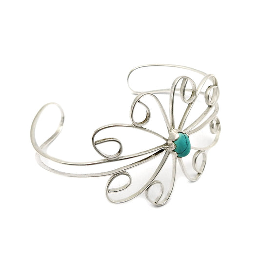 Birthday Gift 925 Silver Natural Turquoise Gemstone Cuff Flower Bangle L1