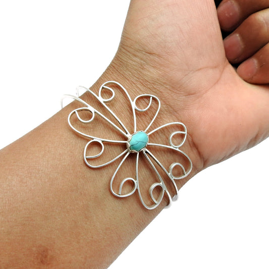 Birthday Gift 925 Silver Natural Turquoise Gemstone Cuff Flower Bangle L1