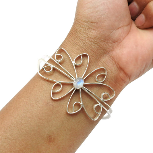 925 Silver Natural Rainbow Moonstone Cuff Flower Bangle Birthday Gift B1