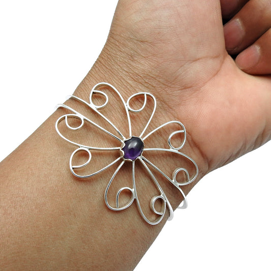 Natural Amethyst Gemstone Cuff Flower Purple Bangle 925 Sterling Silver Q1