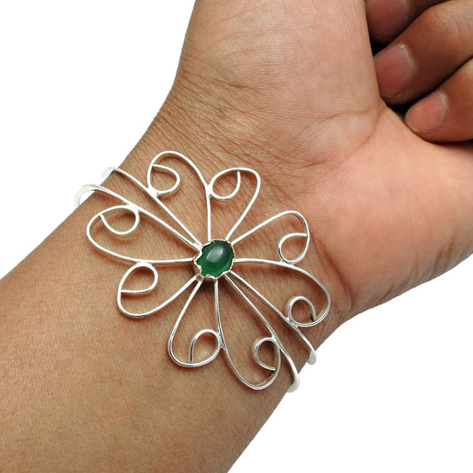 Natural Green Onyx Gemstone 925 Sterling Silver Cuff Flower Bangle For Girls U1