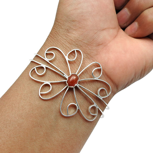 Sacral Chakra Carnelian Stone Solid Silver Flower Birthday Friend Gift Bangle