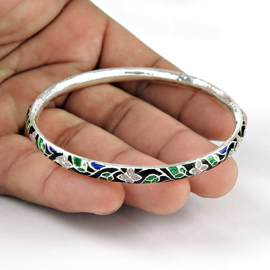 Solid 925 Sterling Silver Enamel Cuff Bangle For Women