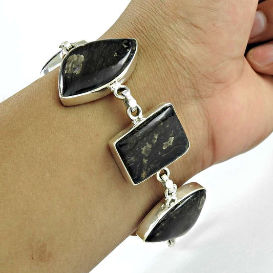 Jasper Gemstone Sterling Silver Chain Anniversary Art Deco Wife Bracelet Jewelry