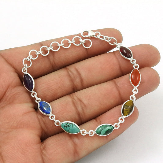 Healing Chakra Bracelet Natural Multi Gemstone 925 Silver Statement Jewelry