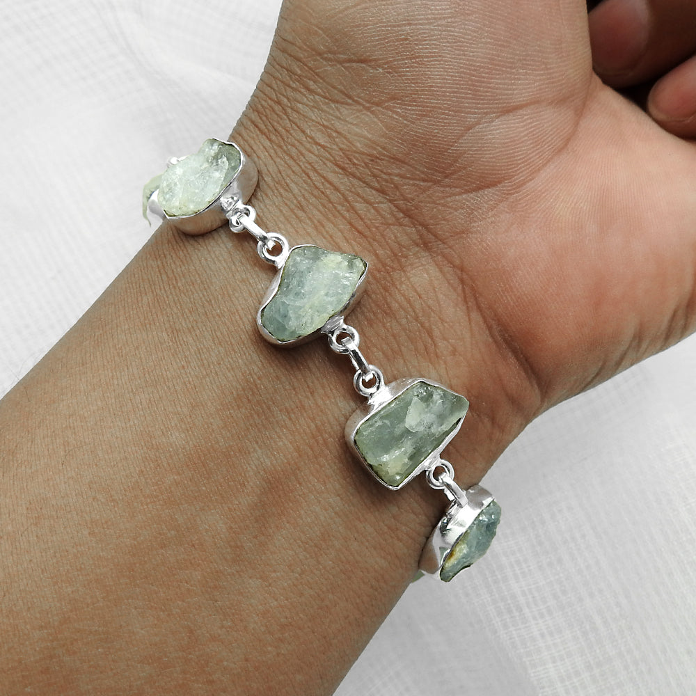 Rough Stone Natural Aquamarine 925 Sterling Silver Bezel Bracelet Jewelry