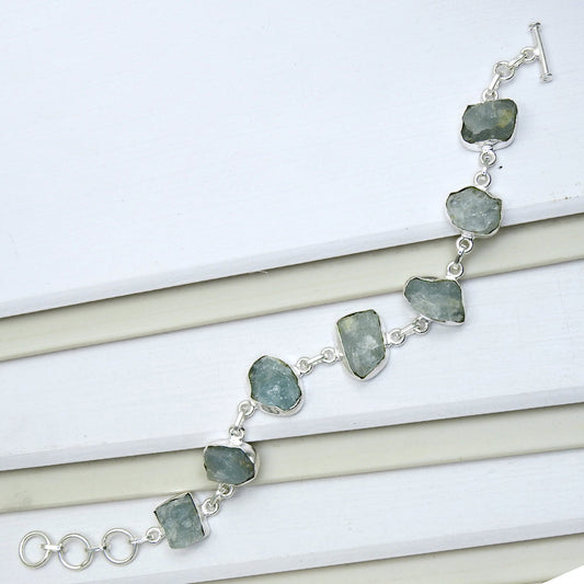 Rough Stone Natural Aquamarine 925 Sterling Silver Bezel Bracelet Jewelry