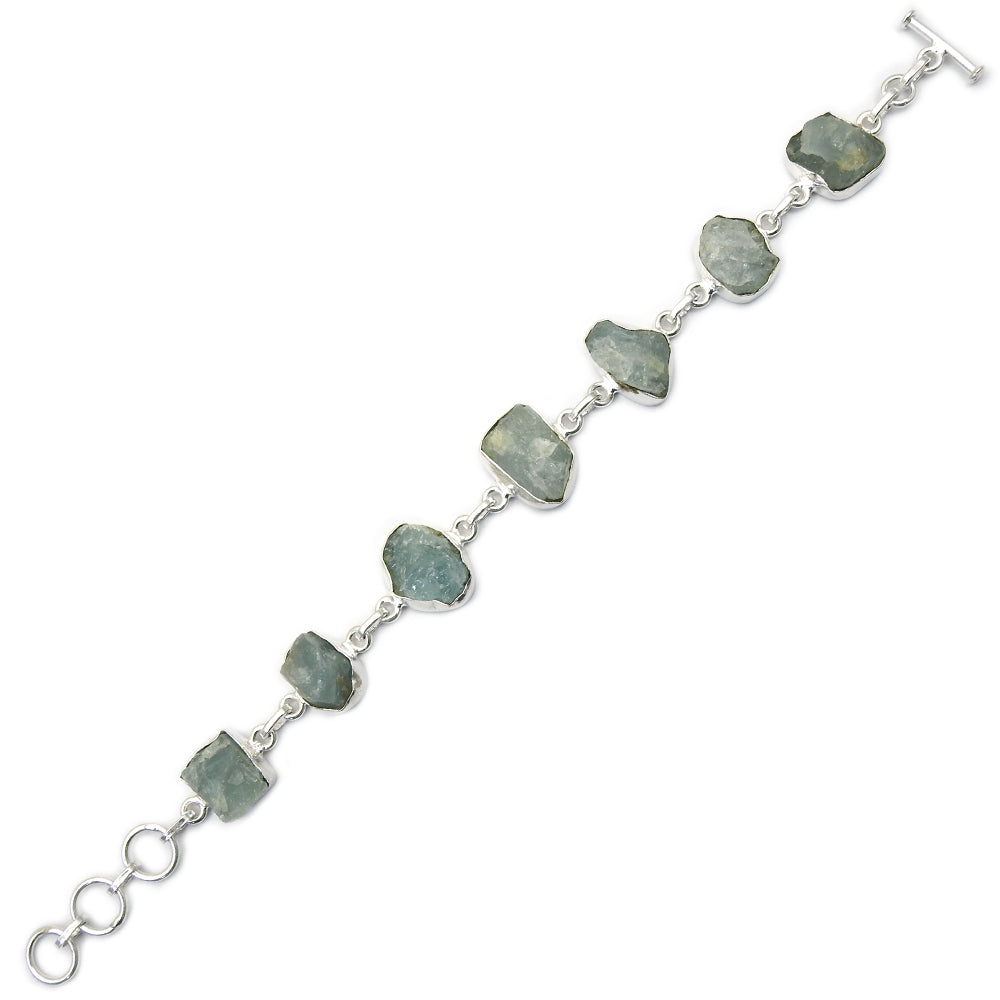 Rough Stone Natural Aquamarine 925 Sterling Silver Bezel Bracelet Jewelry