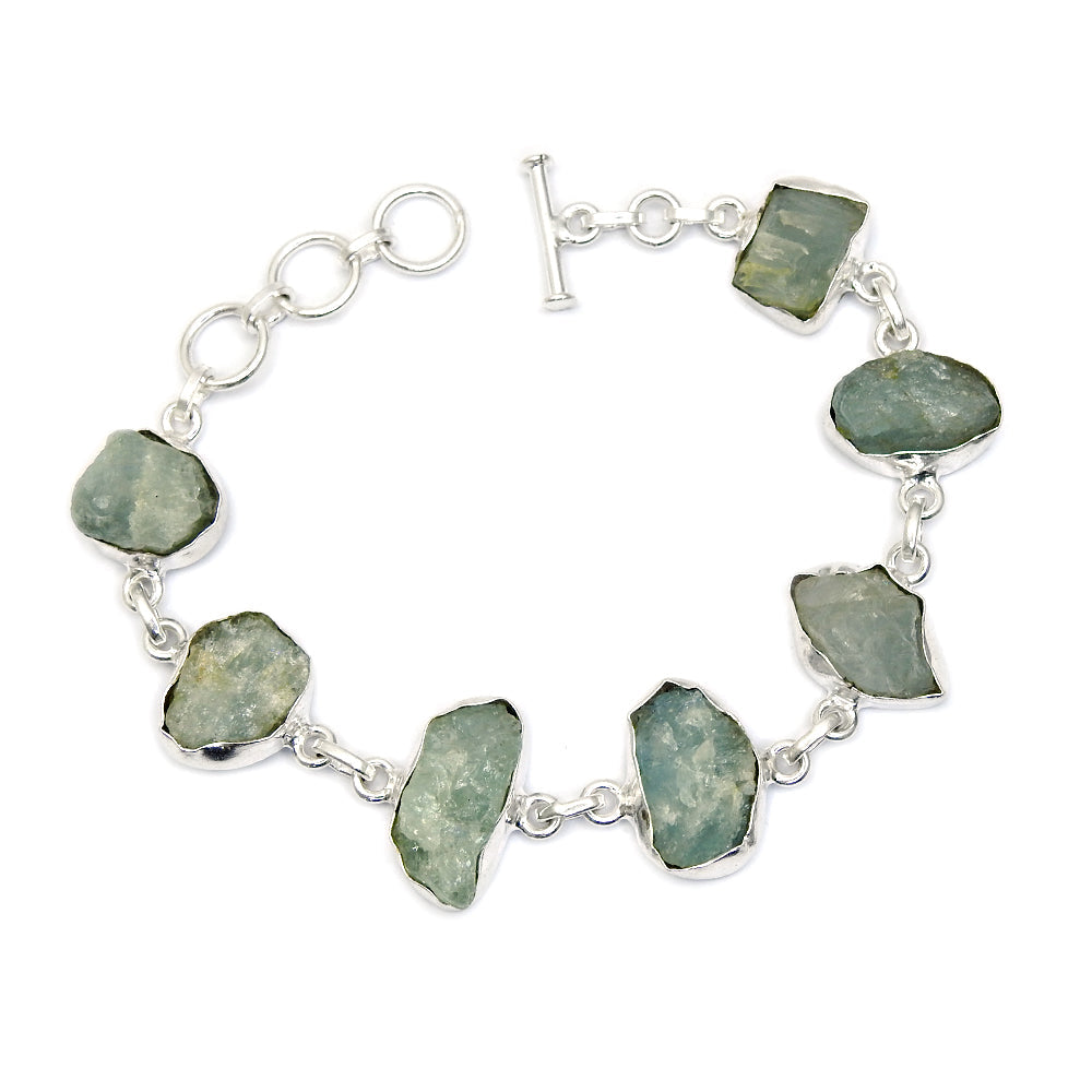 Natural Aquamarine 925 Sterling Silver Bezel Bracelet Rough Stone Jewelry