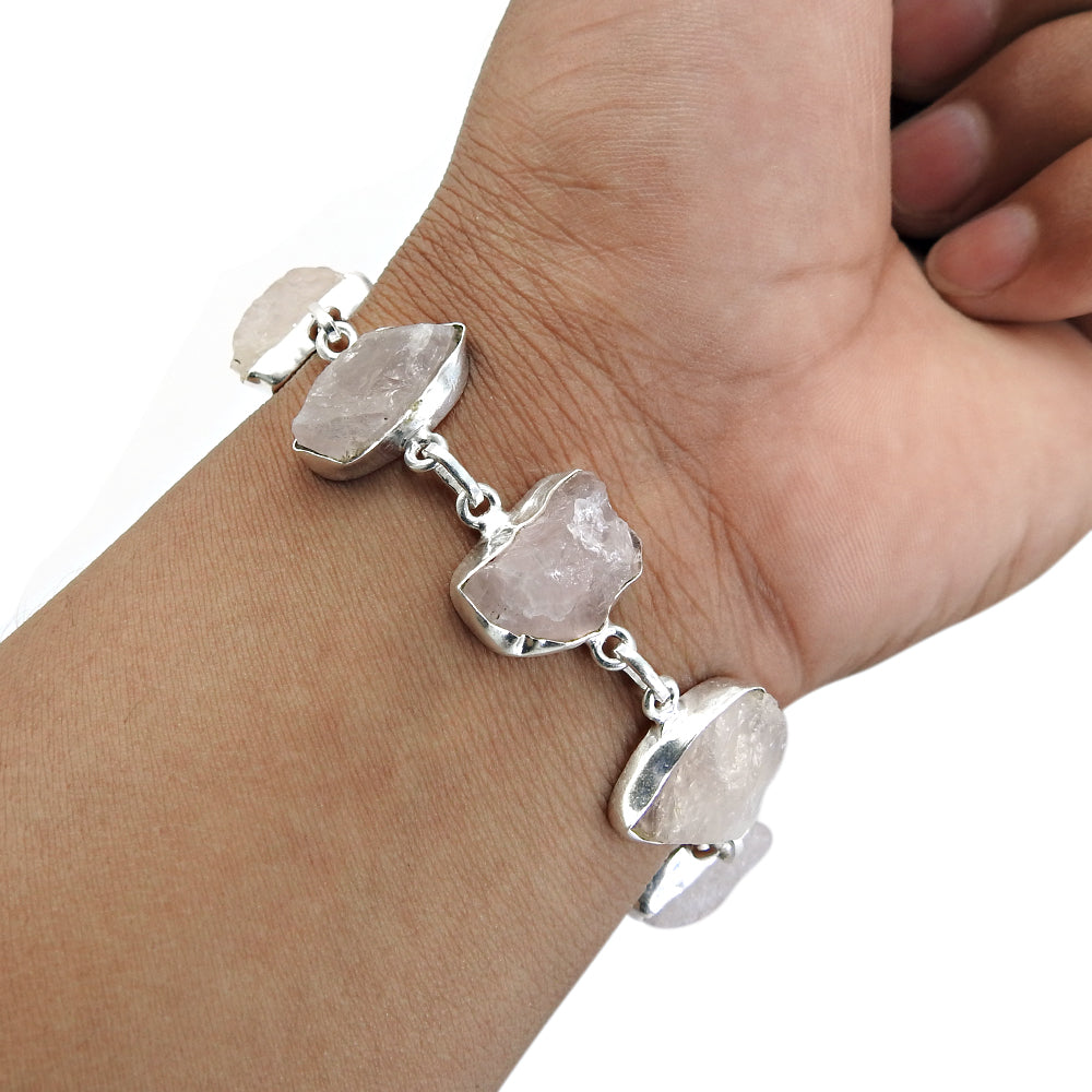 Rough Stone Natural Rose Quartz 925 Sterling Silver Bezel Bracelet Jewelry