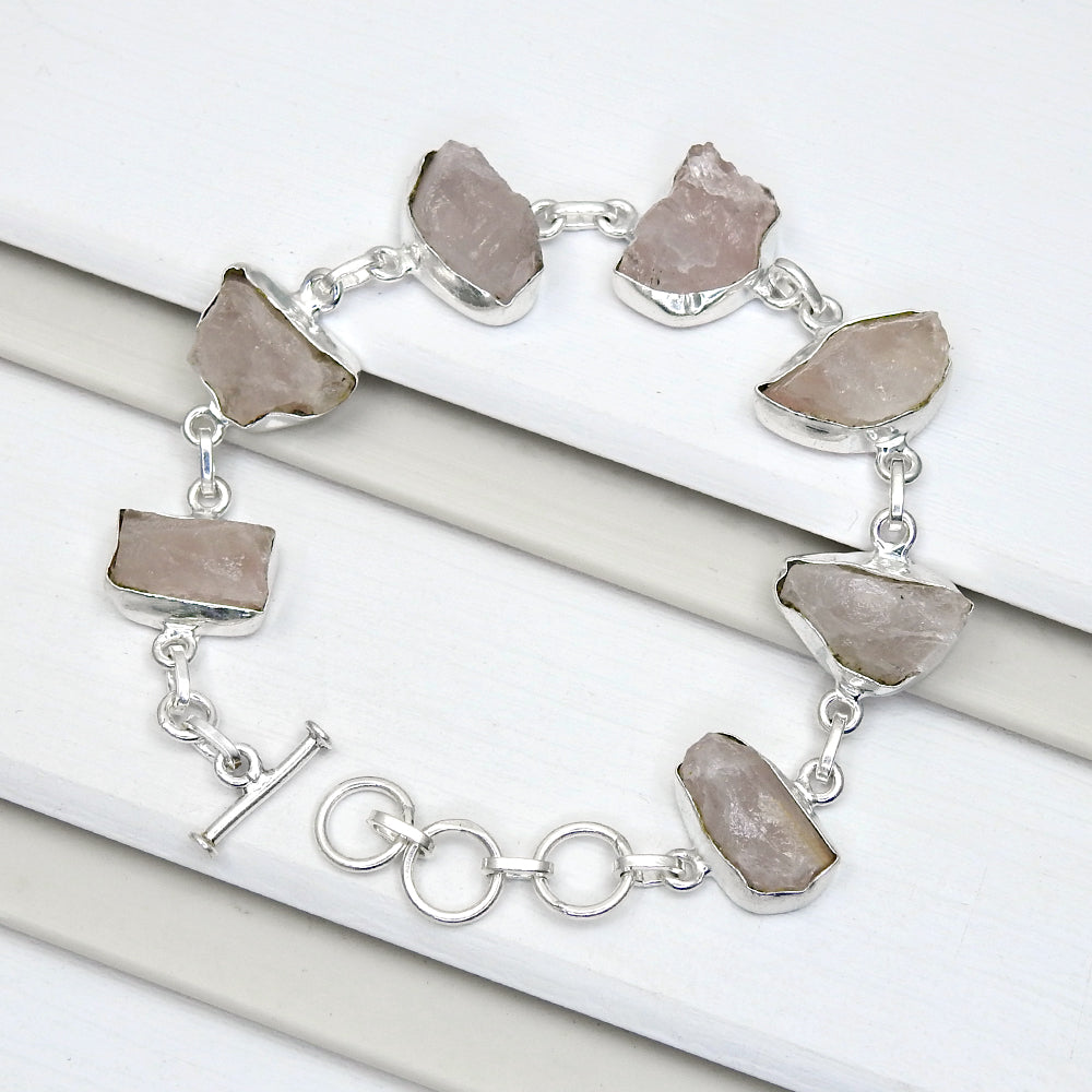 Rough Stone Natural Rose Quartz 925 Sterling Silver Bezel Bracelet Jewelry