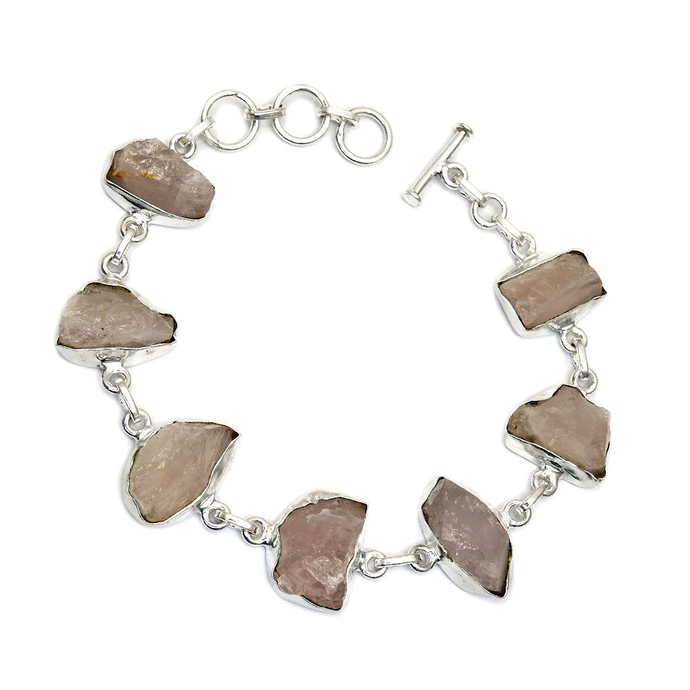 Rough Stone Natural Rose Quartz 925 Sterling Silver Bezel Bracelet Jewelry