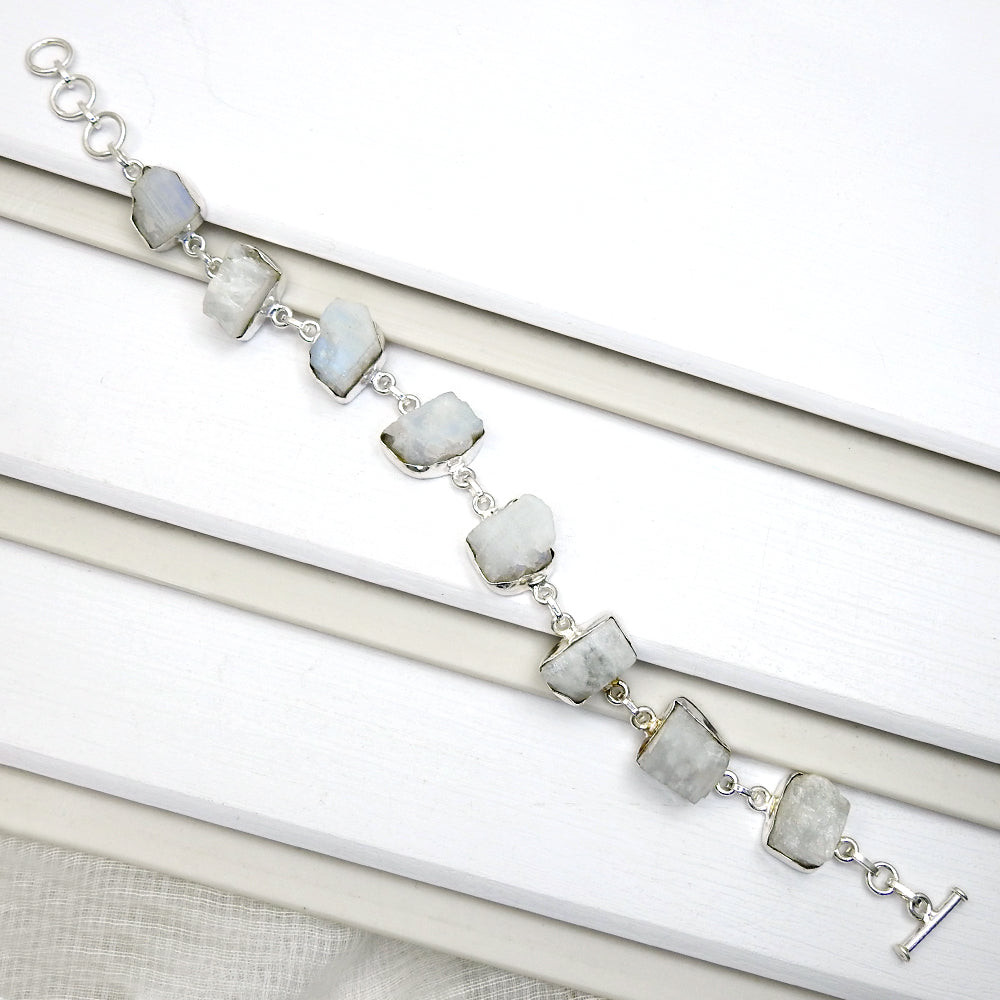 Natural Rainbow Moonstone 925 Sterling Silver Bezel Bracelet Rough Stone Jewelry