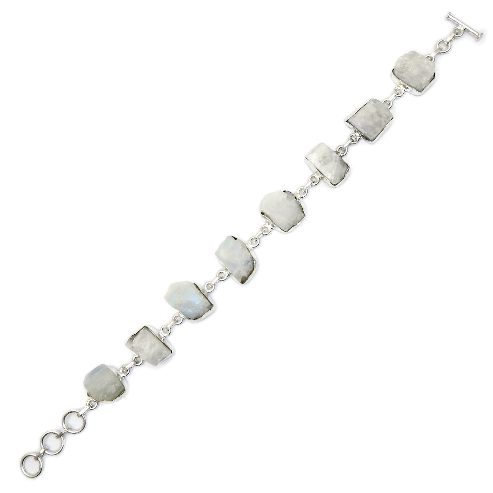 Natural Rainbow Moonstone 925 Sterling Silver Bezel Bracelet Rough Stone Jewelry