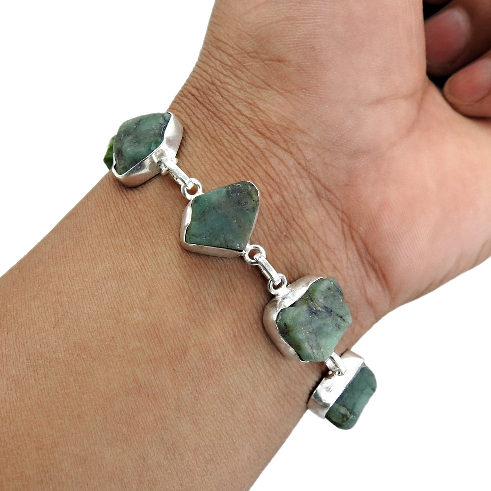 Rough Stone Emerald 925 Sterling Silver Handmade Bracelet