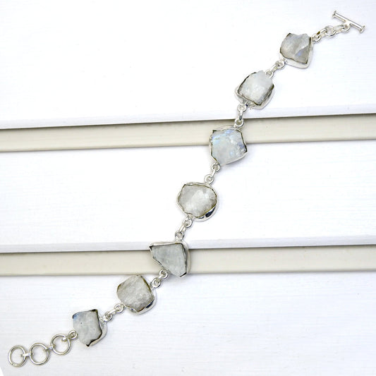 Natural Rainbow Moonstone 925 Solid Silver Rough Stone Bracelet