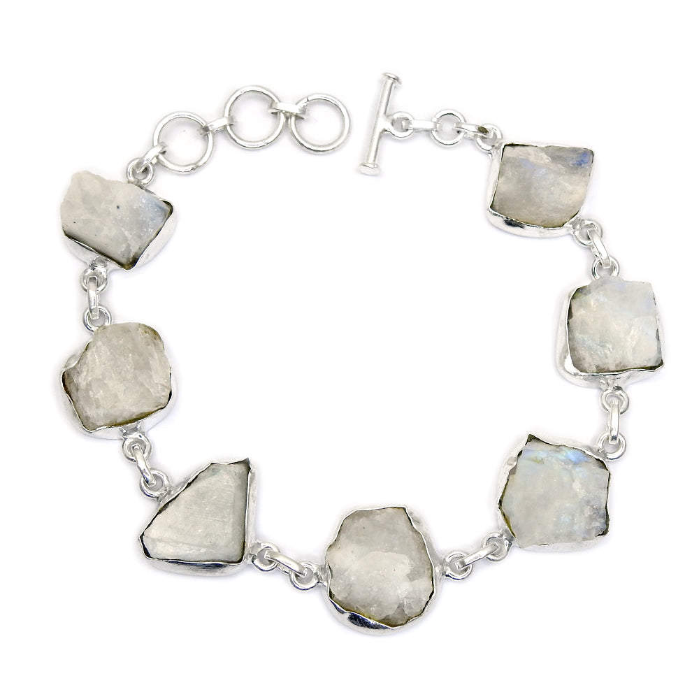 Natural Rainbow Moonstone 925 Solid Silver Rough Stone Bracelet