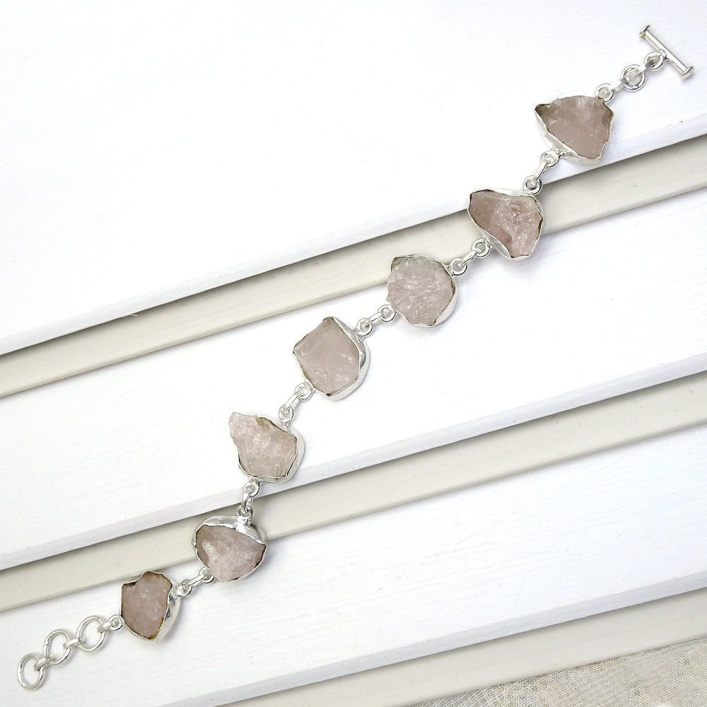 Natural Rose Quartz 925 Solid Silver Rough Stone Bracelet