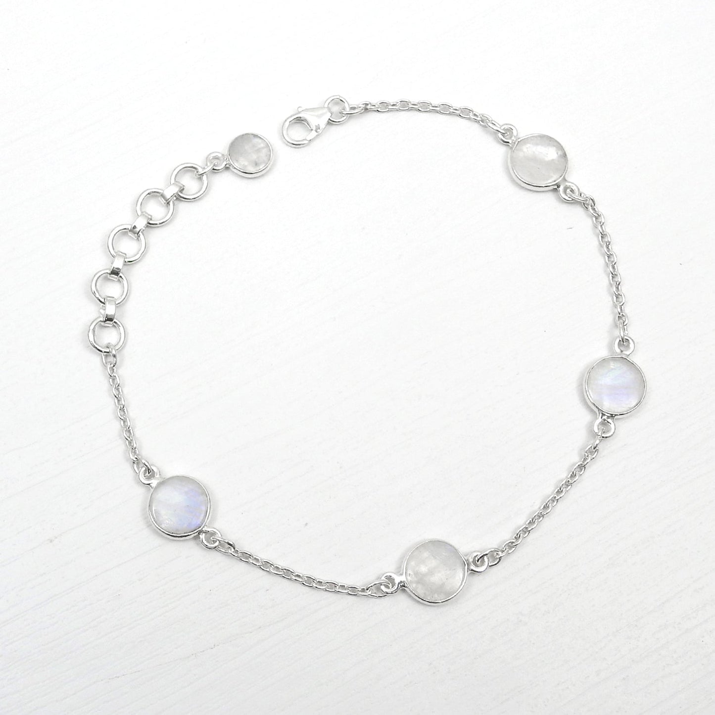 Solid 925 Silver Rainbow Moonstone Bezel Bracelet Party Wear Jewelry