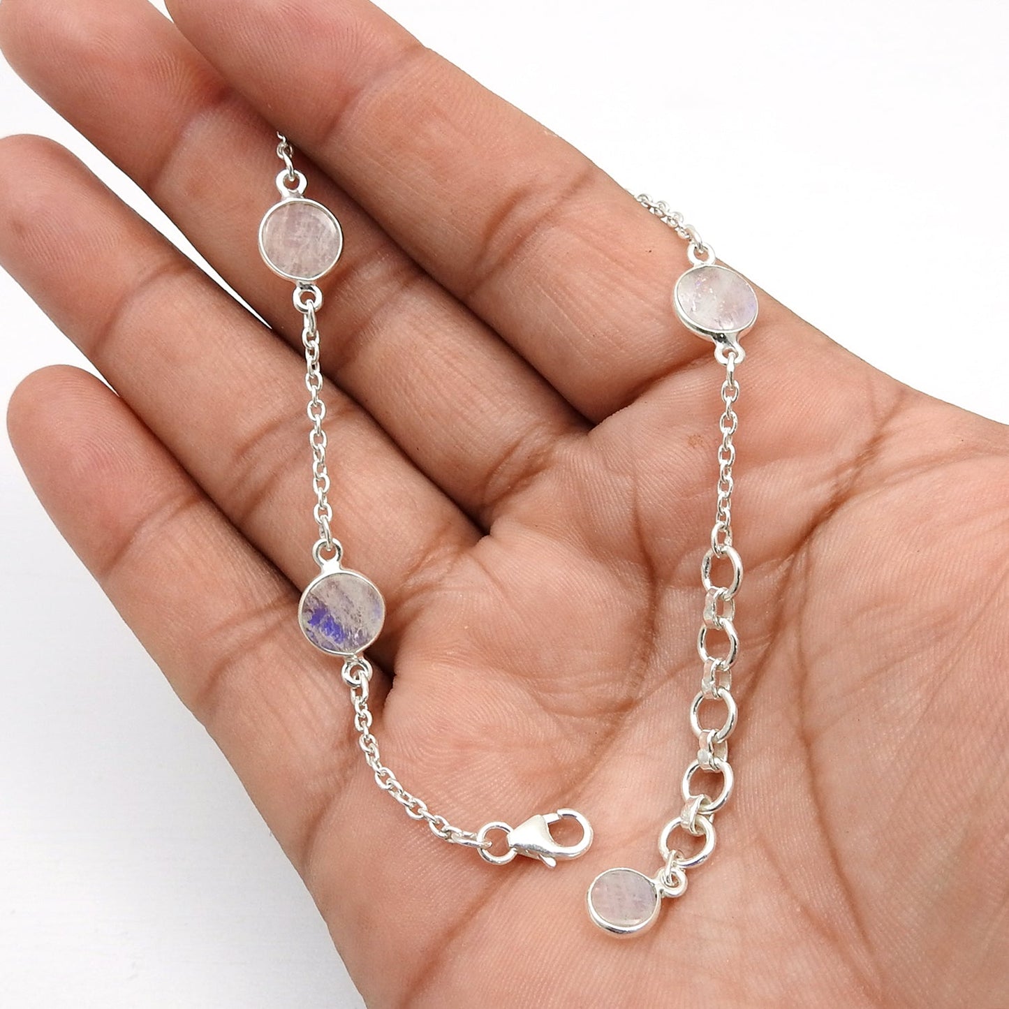 Solid 925 Silver Rainbow Moonstone Bezel Bracelet Party Wear Jewelry