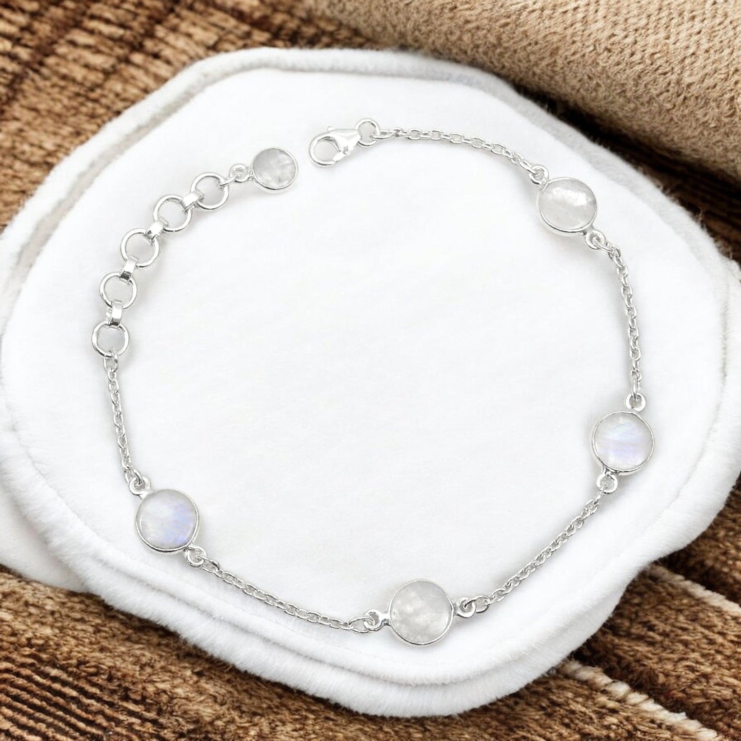 Solid 925 Silver Rainbow Moonstone Bezel Bracelet Party Wear Jewelry