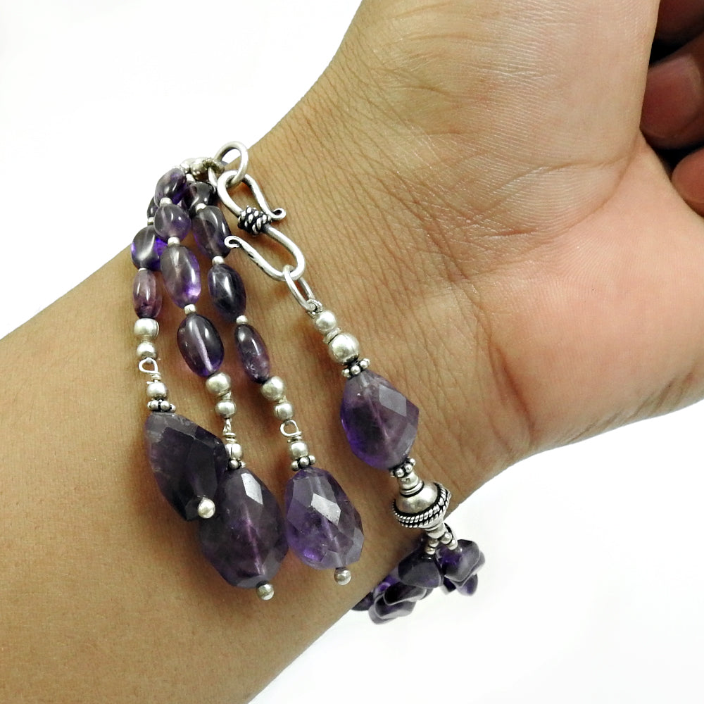 Birthday Gift Chain Ethnic Bracelet 925 Silver Natural Amethyst Gemstone C3