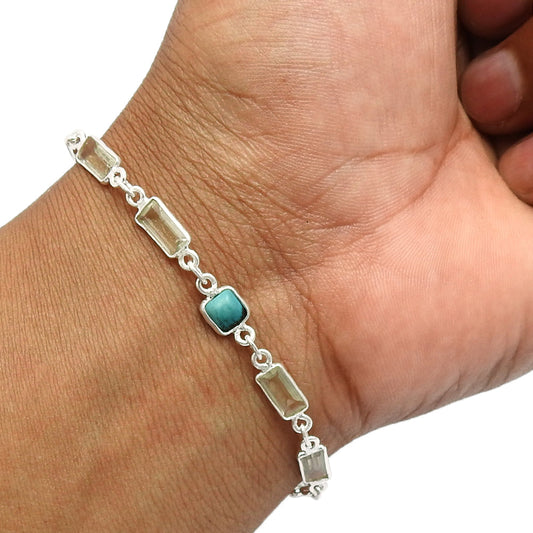 925 Solid Silver Square Green Amethyst Chain Vintage Bezel Friend Gift Bracelet