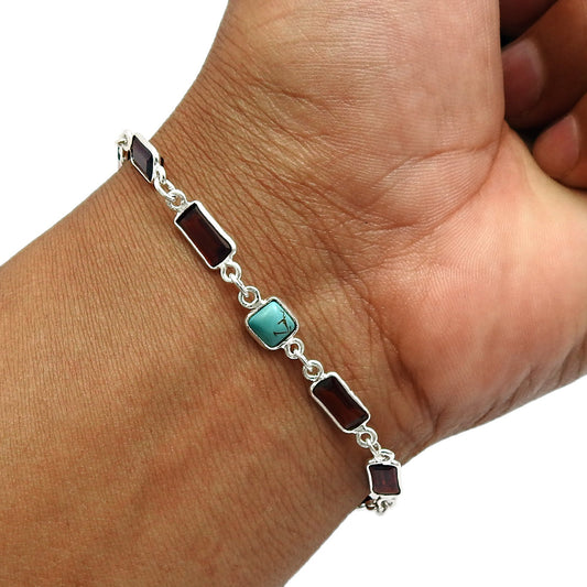 925 Sterling Silver Turquoise Chain Bezel Tribal December Birth Mother Bracelet