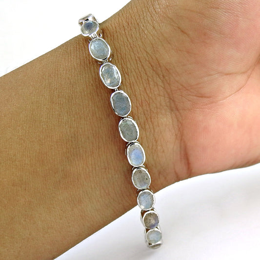 Labradorite Stone Sterling Silver Bezel Chain Trendy Handmade Tribal Bracelet