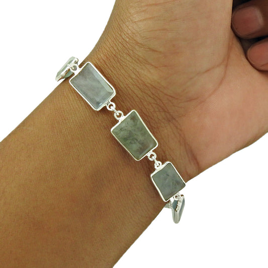 Cushion Aquamarine Gemstone Solid Silver Chain New Elegant Wife Bracelet Jewelry