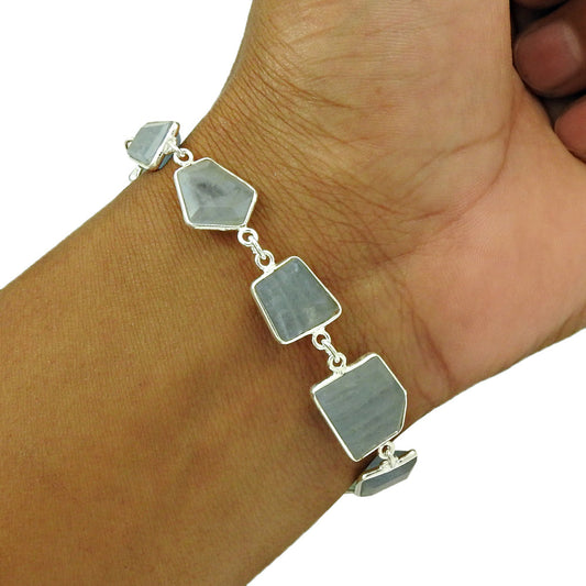 Cushion Aquamarine Gemstone March Chain Elegant Boho Bracelet Jewelry 925 Silver