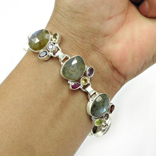 Natural Labradorite Gemstone Chain Ethnic Bracelet 925 Silver For Girls D17