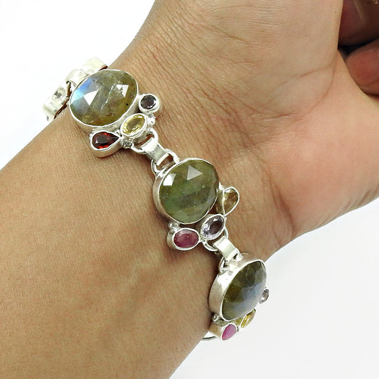 Natural Labradorite Gemstone Chain Stylish Bracelet 925 Silver For Girls A4