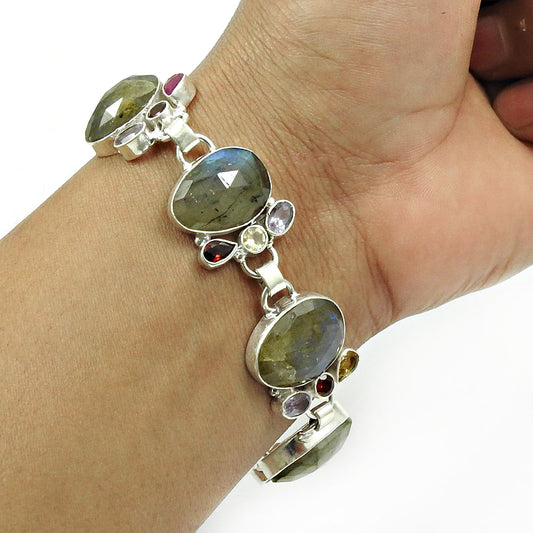 Birthday Gift Natural Labradorite Chain Vintage Bracelet 925 Silver B4