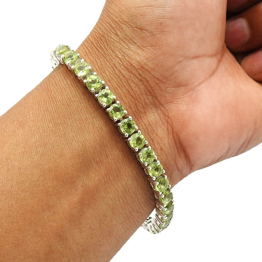 925 Sterling Silver August Round Peridot Gemstone Mother Chain Bohemian Bracelet