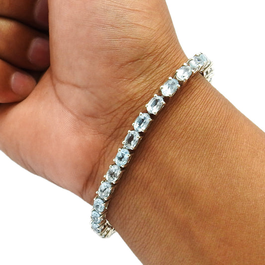 925 Solid Silver Oval Blue Topaz Gemstone Ethnic Chain Best Friend Gift Bracelet