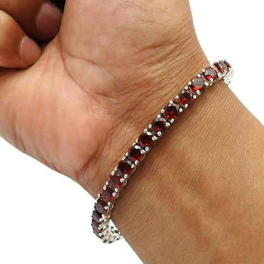 Natural Garnet Gemstone Chain Vintage Bracelet 925 Sterling Silver For Girls A43