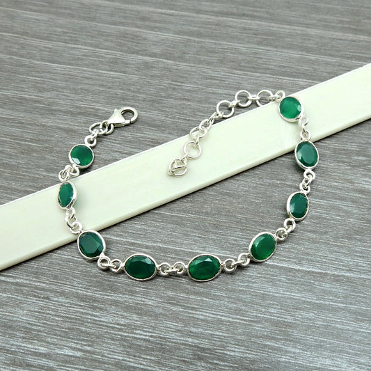 Natural Green Onyx Gemstone Bezel Bracelet 925 Sterling Silver Handmade Jewelry