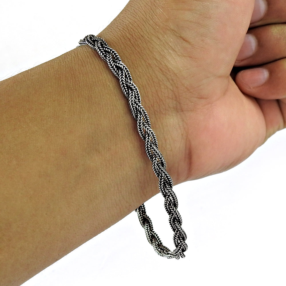 Solid 925 Sterling Oxidized Silver Intertwined Chains Bracelet