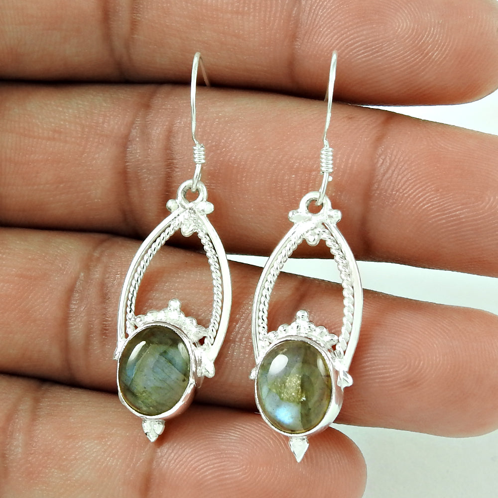 Sterling Silver Oval Labradorite Gemstone Bezel Hook Dangle Tribal Wife Earrings