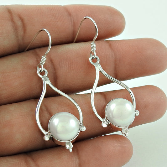 Round Pearl 925 Solid Silver Dangle June Engagement Vintage Earrings